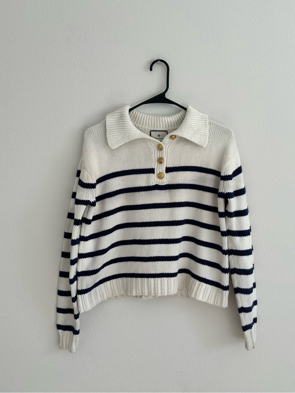 Tuckernuck Emile Striped Polo White Navy Cotton Sweater Gold Buttons Size XS